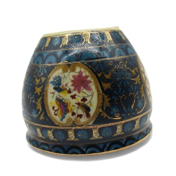 FISH BOWL Ming Dynasty Floral Butterfly Bird Blue And Gold Accents 5" Vintage - Picture 5 of 10